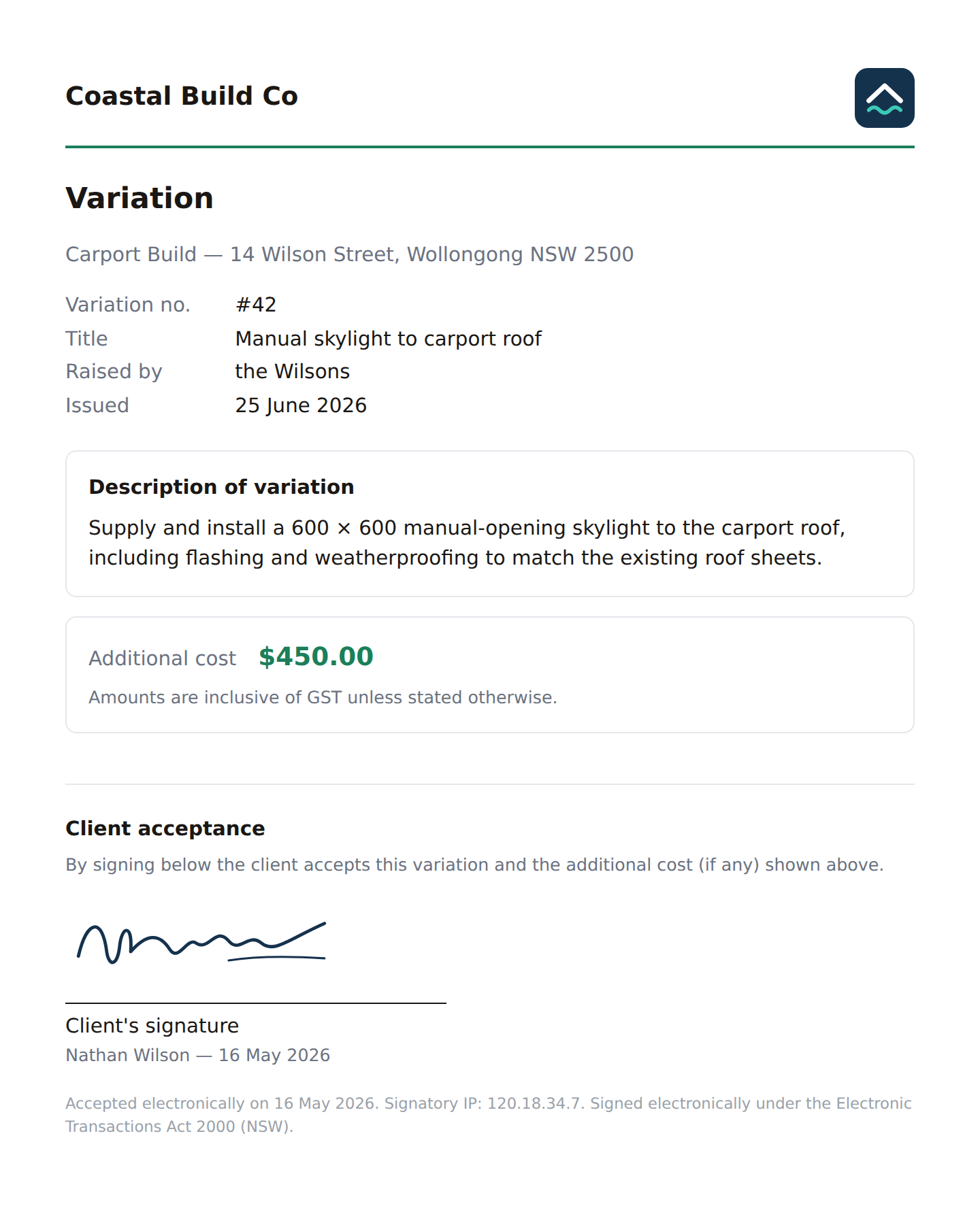 Signed, branded variation PDF for Coastal Build Co